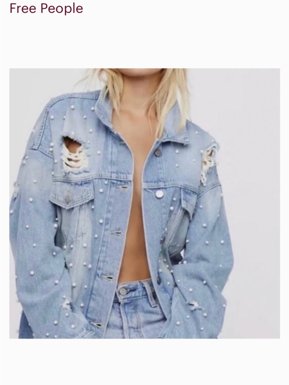 Free People Pearl-Embellished Denim Jacket With Distressing. Oversize fit. - Picture 2 of 8
